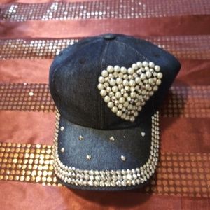 Denim Pearl Heart Hat